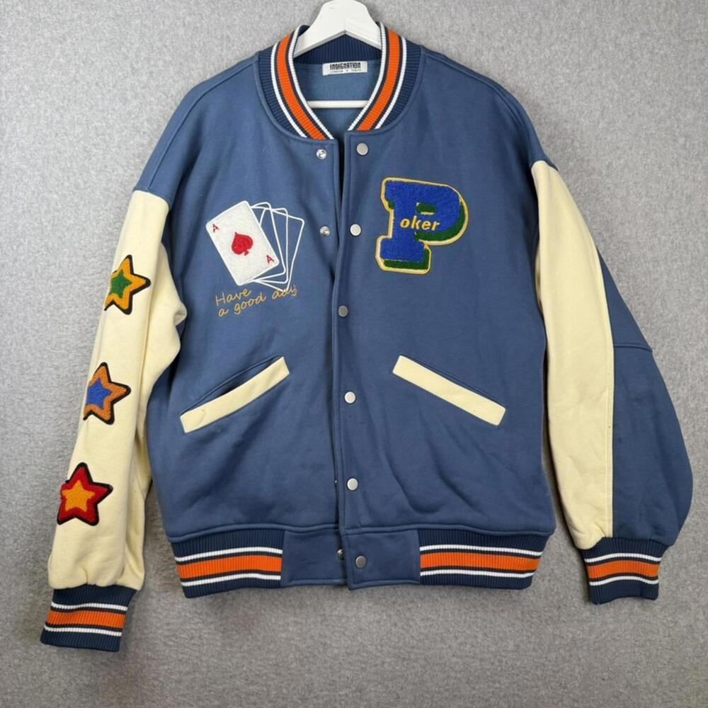 Indignation London Tokyo Poker Varsity Jacket Stars Patchwork Blue Cream Large